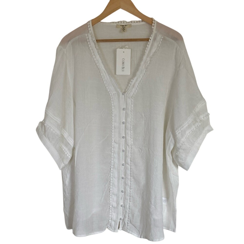 Como Blu Womens White Button Front Blouse Size 3X Short Sleeve‎ V Neck Classic